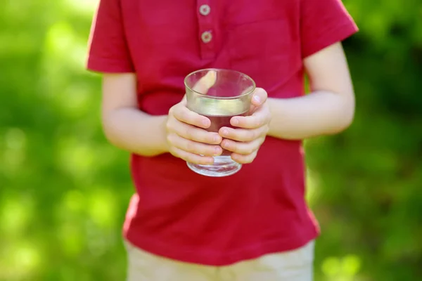 裏庭や家庭の庭で暑い晴れた夏の日に水のガラスを飲む小さな男の子 — ストック写真