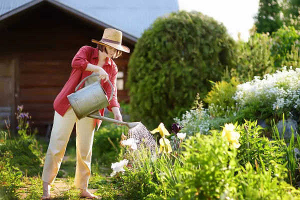 Jovem mulher regando plantas no jardim no verão dia ensolarado . — Fotografia de Stock