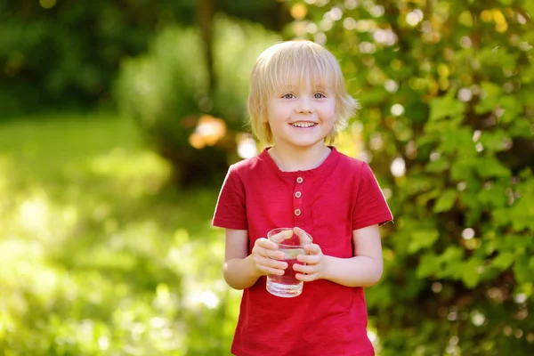 Kleine jongen drinken glas water in warme zonnige zomerdag op de achtertuin of thuis tuin — Stockfoto