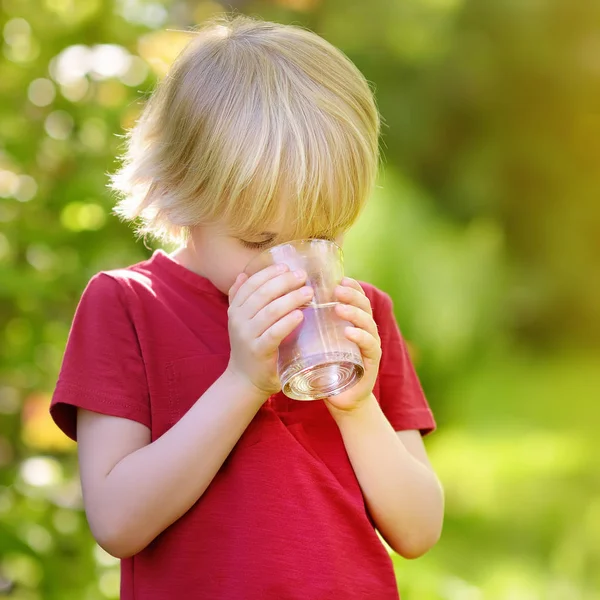 裏庭や家庭の庭で暑い晴れた夏の日に水のガラスを飲む小さな男の子 — ストック写真