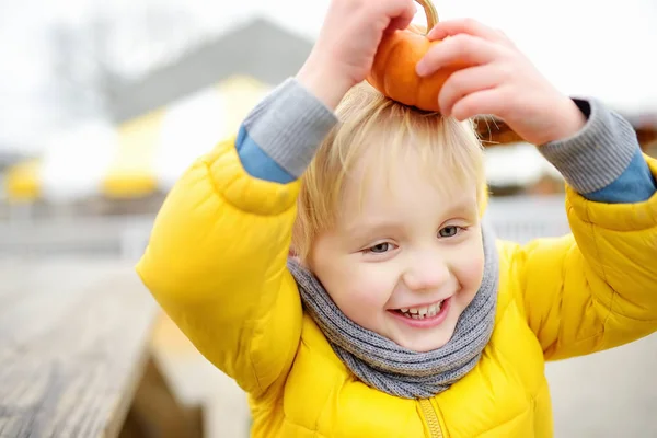 Kleiner Junge hat Spaß bei Herbstführung auf einem Kürbisbauernhof. — Stockfoto