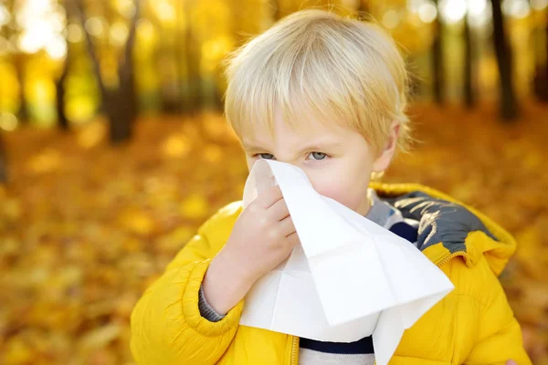 Kleine jongen niezen en veegt neus met servet tijdens het wandelen in de herfst Park. Griep seizoen en koude rhinitis. Allergisch kind. — Stockfoto