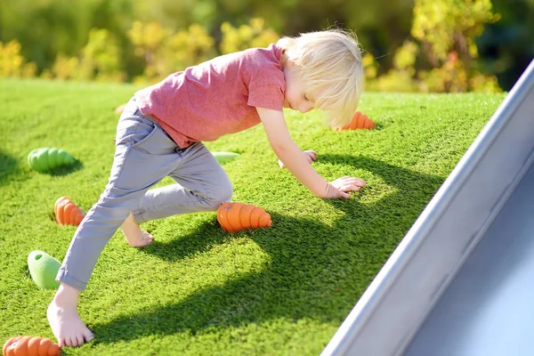 놀이터에서 재미를 귀여운 작은 소년. 작은 잔디 경사면에 등반 하는 아이. — 스톡 사진