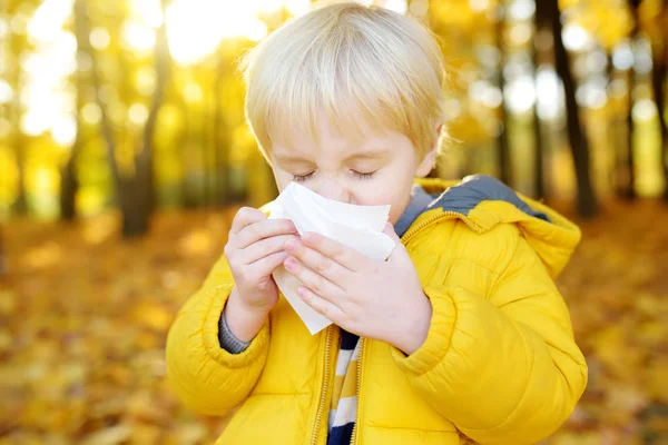 Kleine jongen niezen en veegt neus met servet tijdens het wandelen in de herfst Park. Griep seizoen en koude rhinitis. Allergisch kind. — Stockfoto