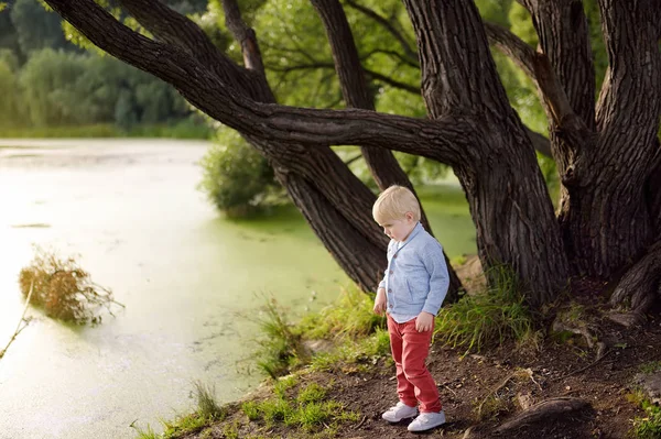 池の岸に立っている小さな男の子を動揺または怒らせた。子供は自分自身を失う。子供は逃げる家からの脱出. — ストック写真