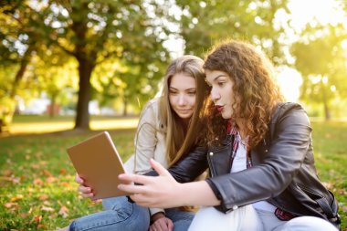 Güneşli parkta tablet bilgisayar kullanan iki güzel genç kadın. Uzaktan iletişim. Arkadaşlık sitesi.
