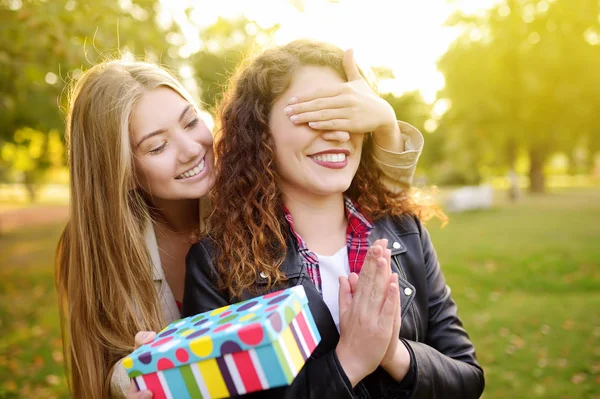 Vackra unga kvinnor ger en födelsedagspresent till sin vän — Stockfoto