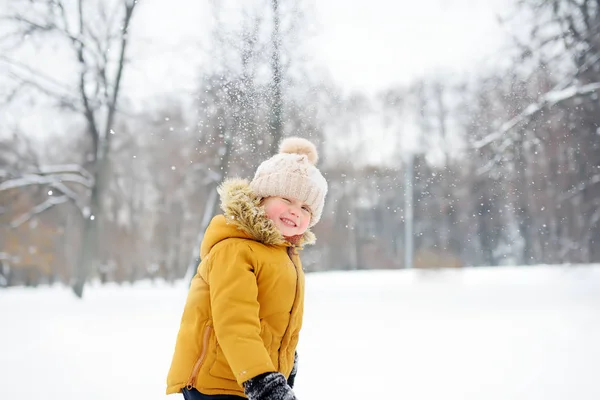 Kleine jongen heeft plezier in de sneeuw — Stockfoto