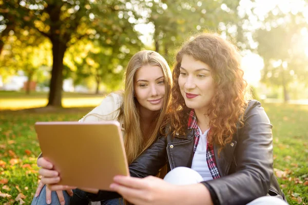 Dwie piękne młode kobiety przy użyciu komputera typu Tablet razem w słonecznym parku. Komunikacja zdalna. Serwis Randkowy. — Zdjęcie stockowe