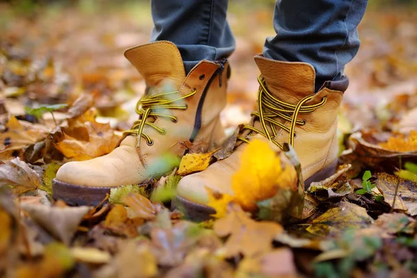 Close up photo of woman's legs in boots on background of a golden maple leaves. — Stock Photo, Image