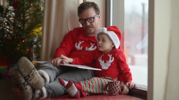 父亲带着他的小儿子在舒适的客厅里看书 家庭度假时间 圣诞树附近的圣诞节早晨 — 图库视频影像