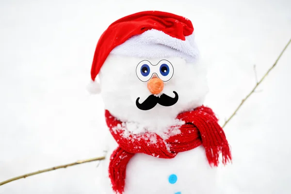 Close-up view of handmade snowman with a scarf, Santa Claus hat, carrot nose and mustache in a snowy park. — ストック写真