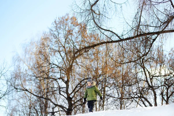 Bonito menino se divertindo jogando durante a caminhada no parque nevado  . — Fotografia de Stock