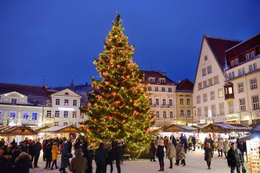 Tallinn, Estonya - 6 Ocak 2019: Karlı bir günde geleneksel Noel pazarı. Avrupa 'nın en büyük Xmas ağacı.