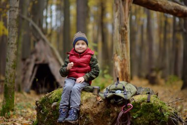 Sonbahar günü ormanda yürüyüş yapan küçük bir izci. Çocuk sıcak çay içiyor ve sandviç yiyor. Arka planda çadır kulübesi.