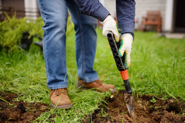 Hombre Cavando Agujeros Una Pala Para Plantar Plantas Enebro Patio —  Fotos de Stock