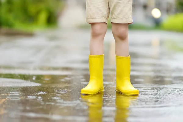 Little Boy Wearing Yellow Rubber Boots Walking Rainy Summer Day — Stock Photo, Image