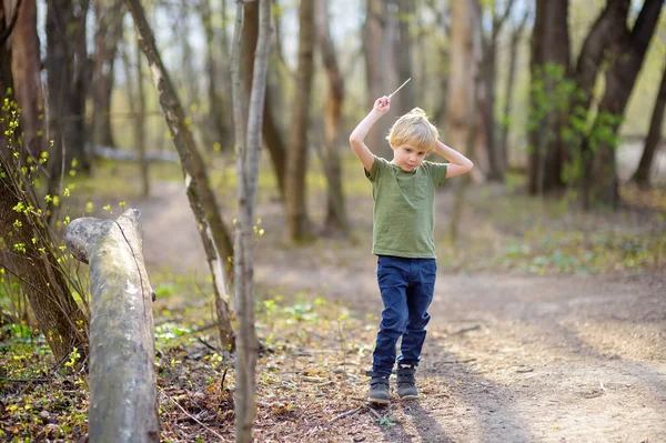 Preschooler Child Walking Forest Rain Kid Playing Having Fun Spring — Stock Photo, Image