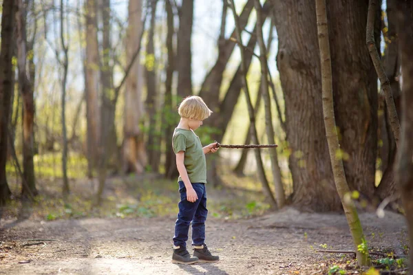 Bambino Prescolare Che Cammina Nella Foresta Dopo Pioggia Bambino Che — Foto Stock