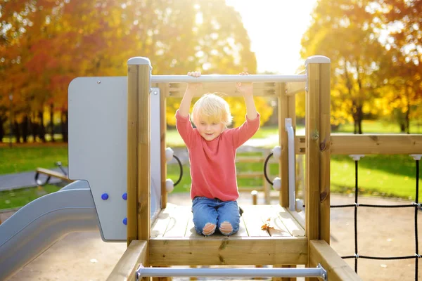 Cute Preschooler Boy Having Fun Outdoor Playground Spring Summer Autumn — Stock Photo, Image