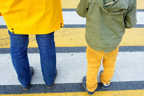 Mother Little Child Crossing Street Crosswalk Traffic Regulations Pedestrian Safety — Stock Photo, Image