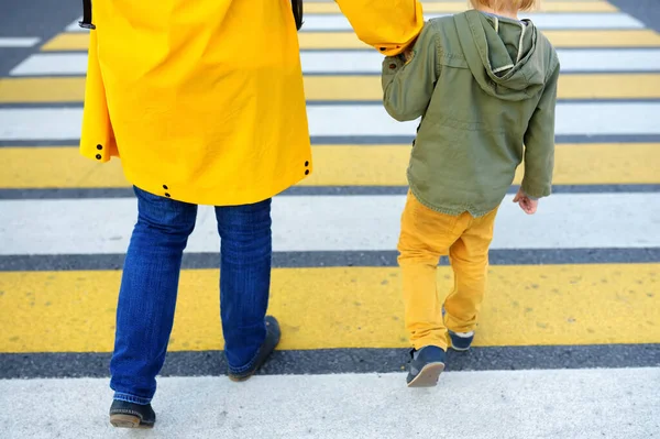 Madre Hijo Pequeño Cruzando Calle Cruce Reglamentos Tráfico Seguridad Peatonal — Foto de Stock