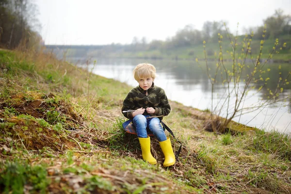 Preschooler Child Wearing Yellow Rain Boots Walking River Rain Kid — Stock Photo, Image