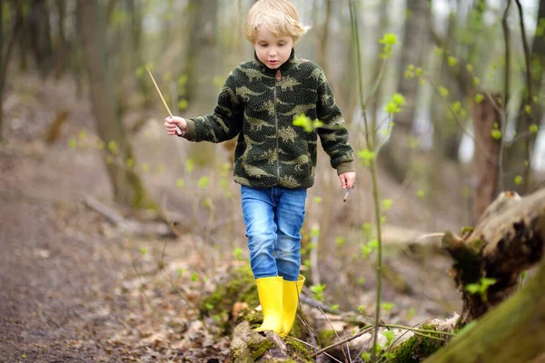 Дошкільнята Ходять Лісі Після Дощу Малюк Грає Веселиться Весняний Або — стокове фото