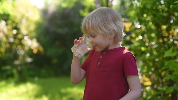Маленький Хлопчик Склянку Води Спекотний Сонячний Літній День Задньому Дворі — стокове відео