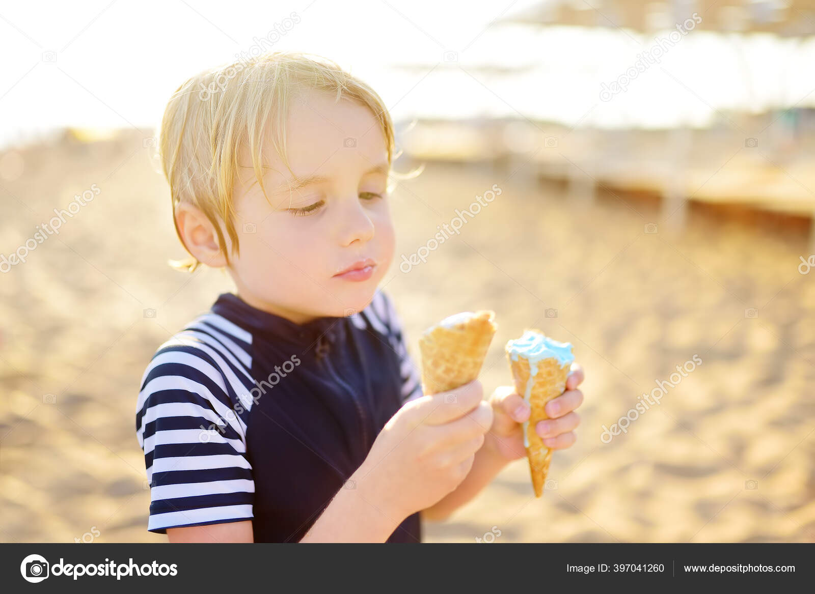 Preschooler Boy Eating Ice Cream Hot Summer Day Beach Family Stock