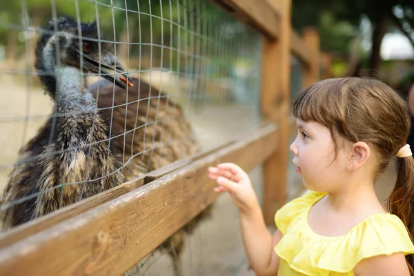 소녀가 타조를 먹이고 동물원에 아이야 동물이랑 농장에서 아이들과 동물들 아이들과 — 스톡 사진