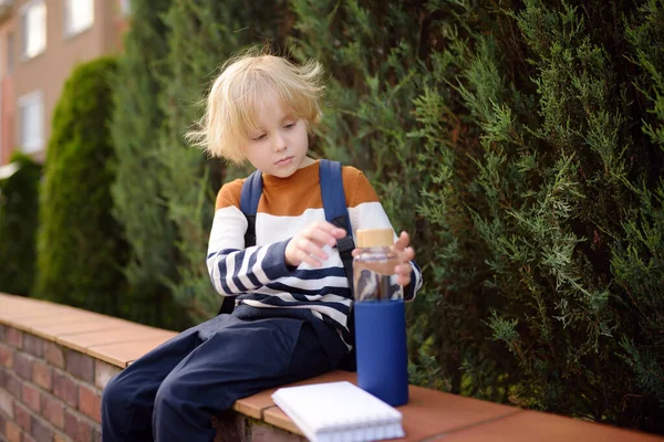 Porträt Eines Kleinen Schülers Mit Rucksack Notizblock Und Wasserflasche Der — Stockfoto
