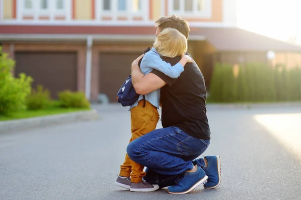 Little Boy Says Goodbye Hugging His Father Going School Education — Stock Photo, Image