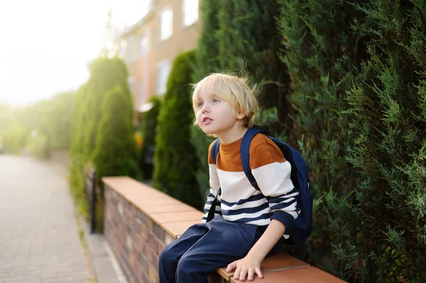 Retrato Pequeño Estudiante Con Mochila Sentado Durante Cambio Cerca Del —  Fotos de Stock