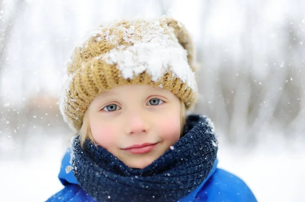 Portret Zabawnego Chłopca Niebieskich Zimowych Ciuchach Spaceruje Podczas Opadów Śniegu — Zdjęcie stockowe