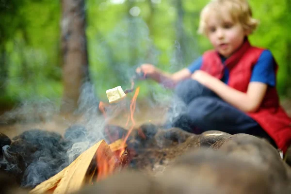 小男孩在家庭徒步旅行时 在篝火边的木棍上烤棉花糖 孩子在篝火边玩得很开心 森林里有孩子的家庭夏季活动 — 图库照片