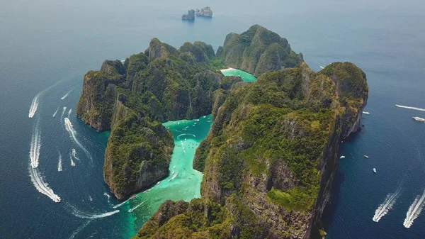 Aerial Drone View Tropical Turquoise Water Maya Bay Limestone Cliffs — Stock Photo, Image