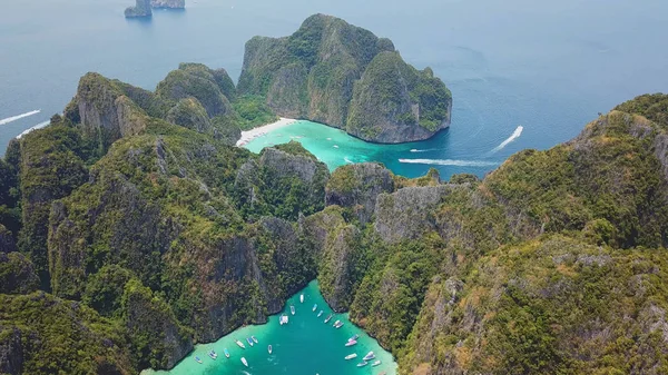 Aerial Drone View Tropical Turquoise Water Maya Bay Limestone Cliffs — Stock Photo, Image