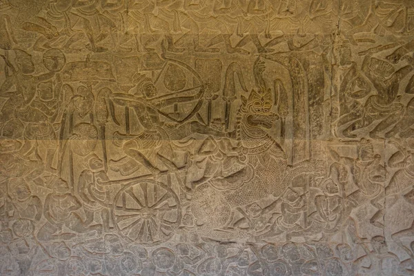 Древняя Кхмерская Резьба Стена Ангкор Ват Рим Рип Камбодия — стоковое фото