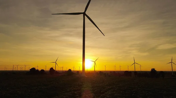 Piękny Zachód Słońca Nad Turbinami Polu — Zdjęcie stockowe