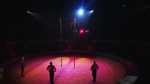 Acrobat performs exercises on the bar in the circus arena — Stock Footage Acrobat Performs Exercises Bar Circus Arena Royalty Free Stock Footage