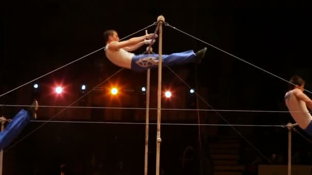 Acrobats perform exercises on the bar in the circus arena — Stock Footage Acrobats Perform Exercises Bar Circus Arena Royalty Free Stock Footage