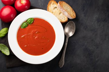 Fesleğen, ekmek ve zeytinyağı taş masanın üzerine ev yapımı domates çorbası. Karanlık bir arka plan üzerinde bir vejetaryen tabağı hazırladı. Kopya alanı ile üstten görünüm