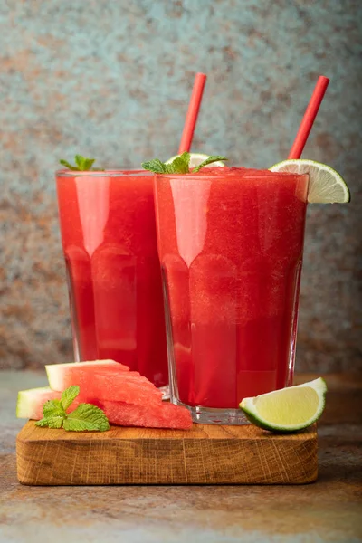 Watermelon Slushie Lime Summer Refreshing Drink Tall Glasses Blue Rusty — Stock Photo, Image