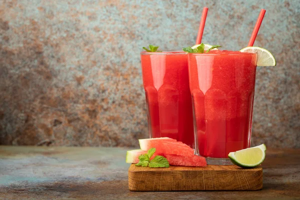 Watermelon Slushie Lime Summer Refreshing Drink Tall Glasses Blue Rusty — Stock Photo, Image