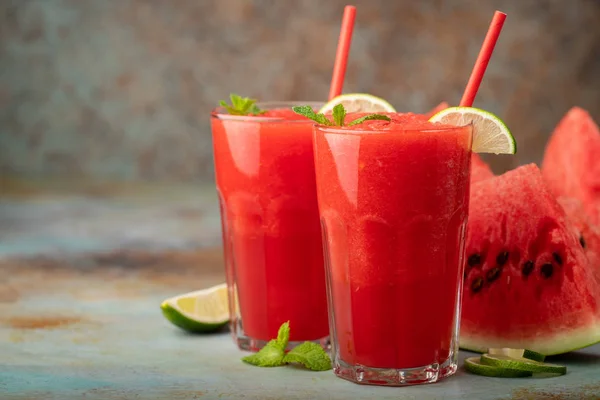 Watermelon Slushie Lime Summer Refreshing Drink Tall Glasses Blue Rusty — Stock Photo, Image
