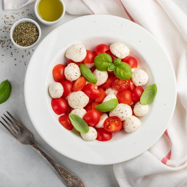 Klasik lezzetli caprese salatası olgun domates, mozzarella ve taze fesleğen ile beyaz tabak gri beton zemin üzerine bırakır. İtalyan yemeği. Sağlıklı Vejetaryen beslenme kavramı. Üstten görünüm.