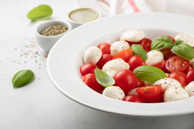 Klasik lezzetli caprese salatası olgun domates, mozzarella ve taze fesleğen ile beyaz tabak gri arka plan üzerinde bırakır. İtalyan yemeği. Sağlıklı Vejetaryen beslenme kavramı.