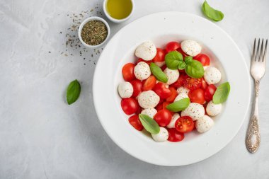 Klasik lezzetli caprese salatası olgun domates, mozzarella ve taze fesleğen ile beyaz tabak gri arka plan üzerinde bırakır. kopya alanı. İtalyan yemeği. Sağlıklı Vejetaryen beslenme kavramı. Üstten görünüm.