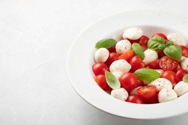 Kopya alanı ile gri arka plan üzerinde beyaz tabak klasik lezzetli caprese salatası olgun domates, mozzarella ve taze fesleğen ile bırakır. İtalyan yemeği. Sağlıklı Vejetaryen beslenme kavramı.